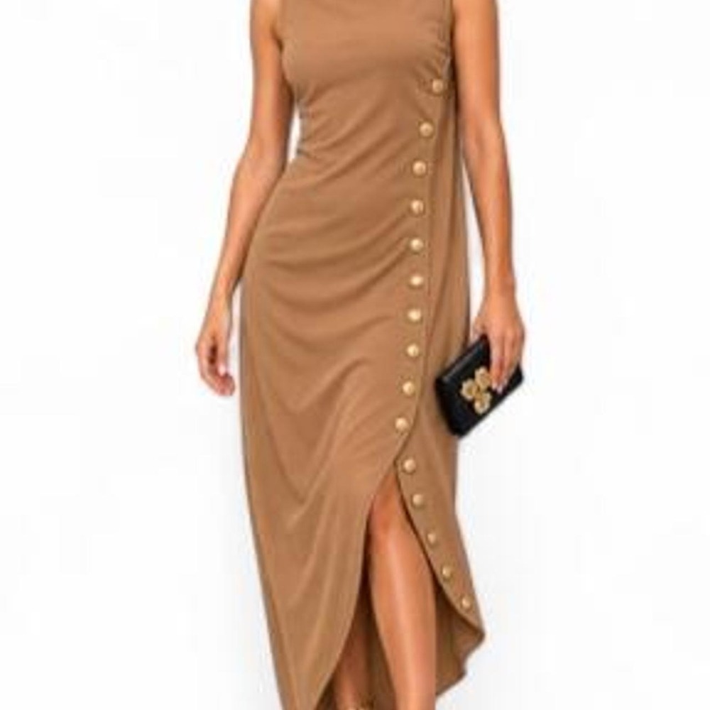 OSHOPLIVE Loose Sleeveless Solid Color Split-side Shawl Collar Maxi Dress